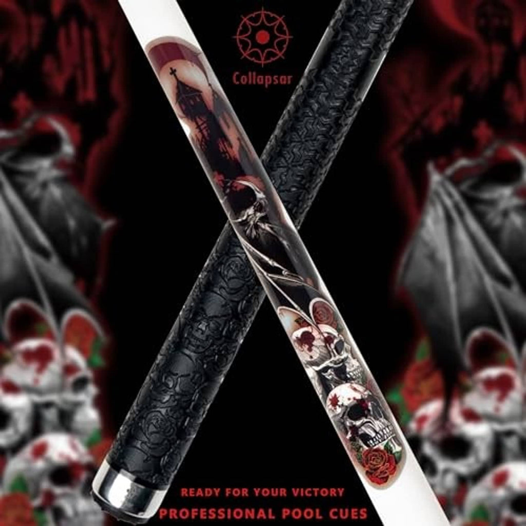 Two crossed pool cues with white and black barrels and skull-and-rose decals