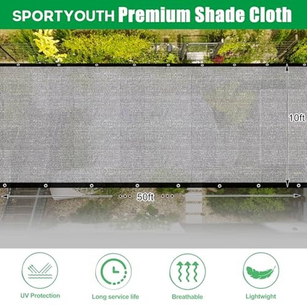 Gray woven shade cloth mesh panel with reinforced grommet edge