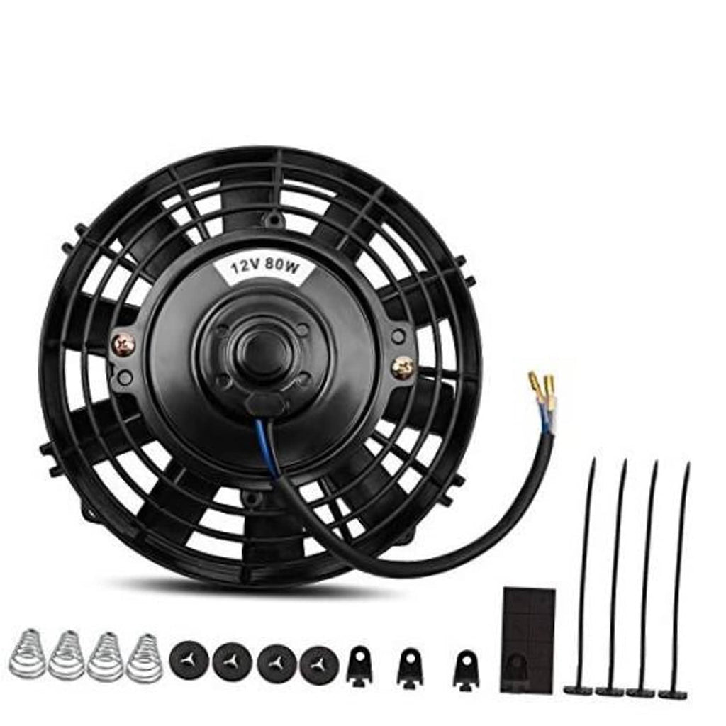 8-inch 12V radiator cooling fan with black grille and attached power leads