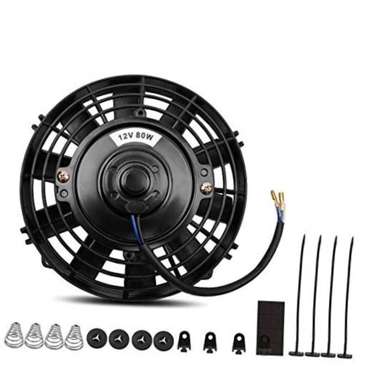 8-inch 12V radiator cooling fan with black grille and attached power leads