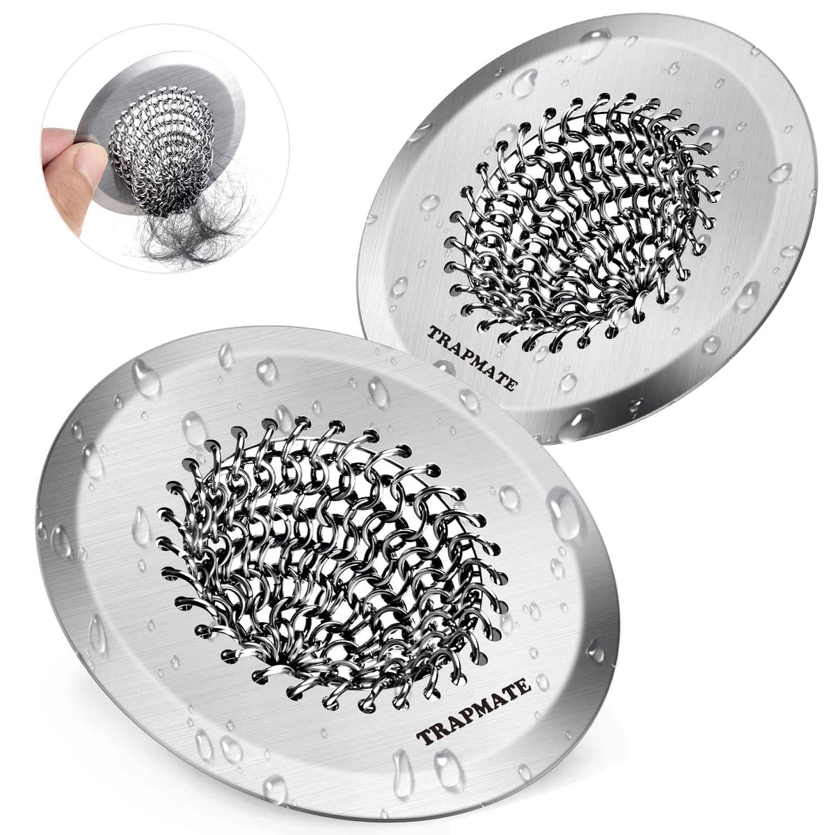 Reversible silver bathtub drain strainer with chainmail hair-catcher basket, 2.8 in
