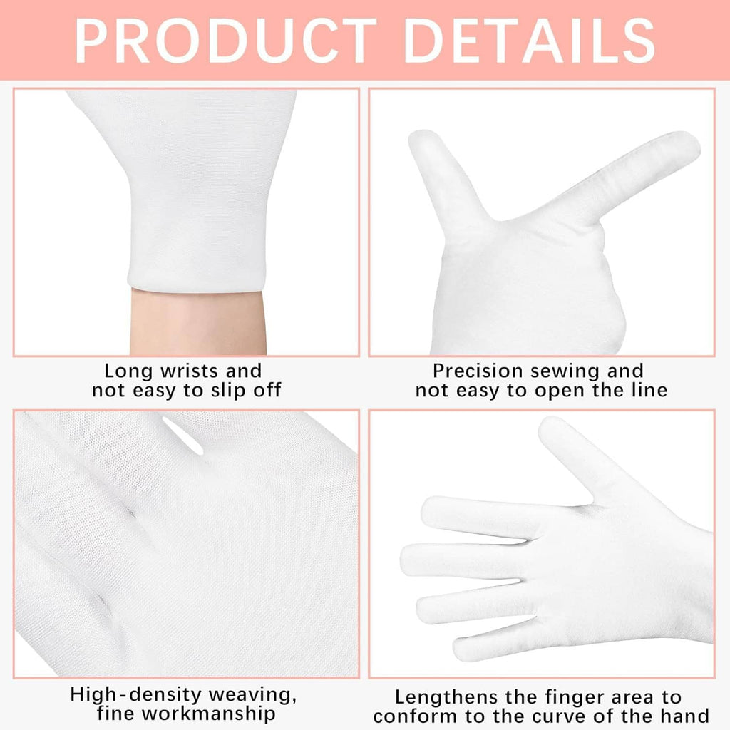 White cotton sleep gloves close-up: long wrists, precise stitching, smooth seams