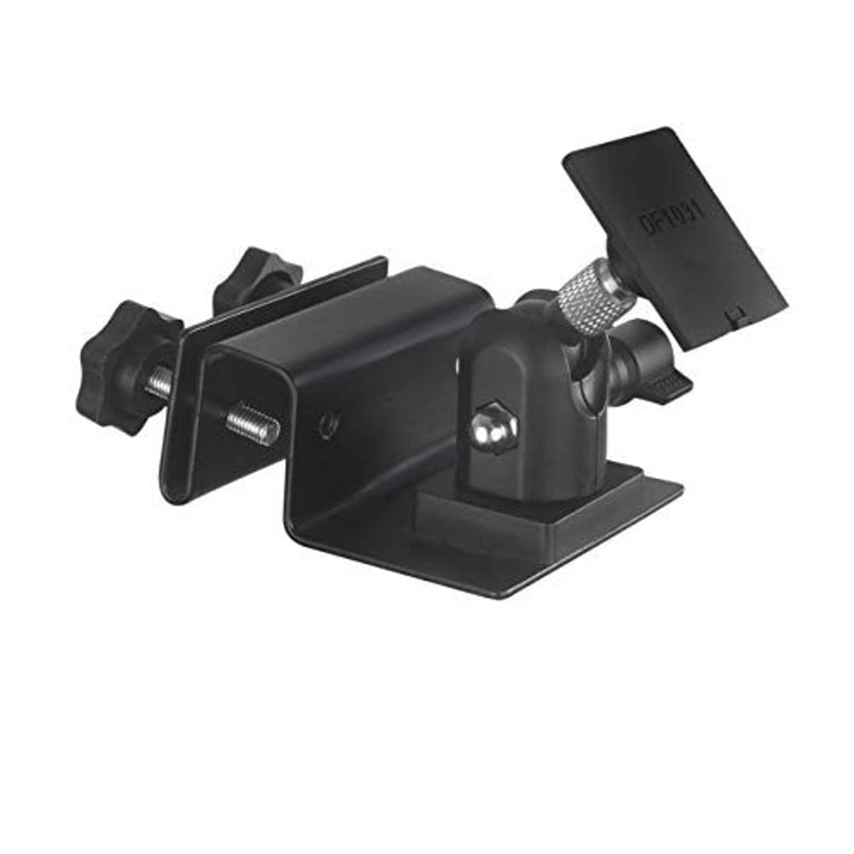 Black gutter mount adapter with swivel joint and mounting hardware for solar panels