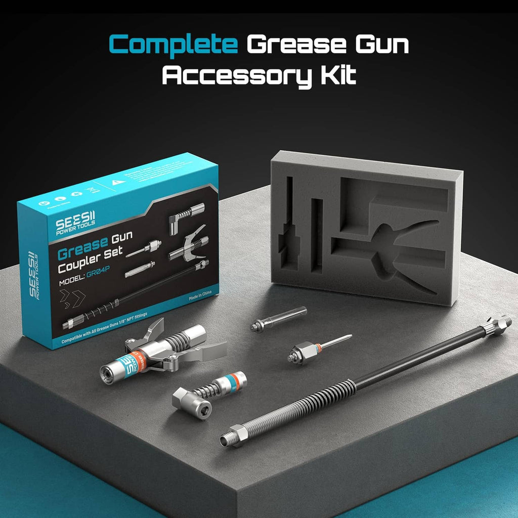 Grease gun accessory kit tray with silver coupler parts and needle tips