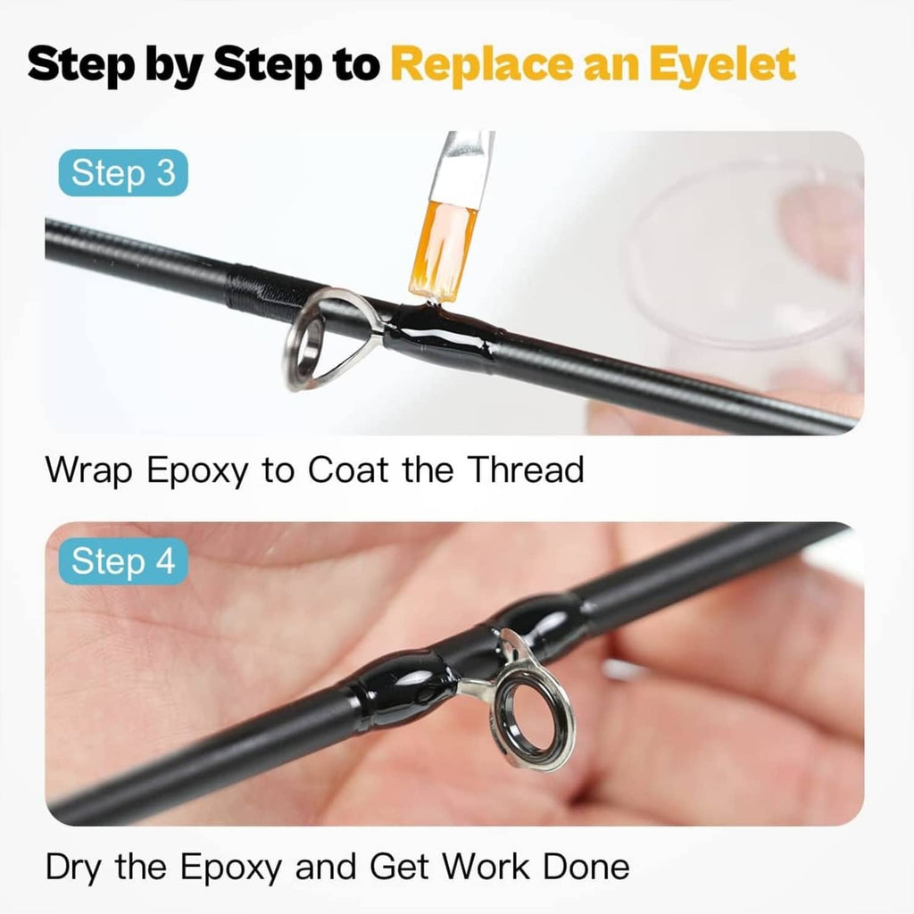 Fishing rod guide eyelet with epoxy-coated thread on rod, ready to dry