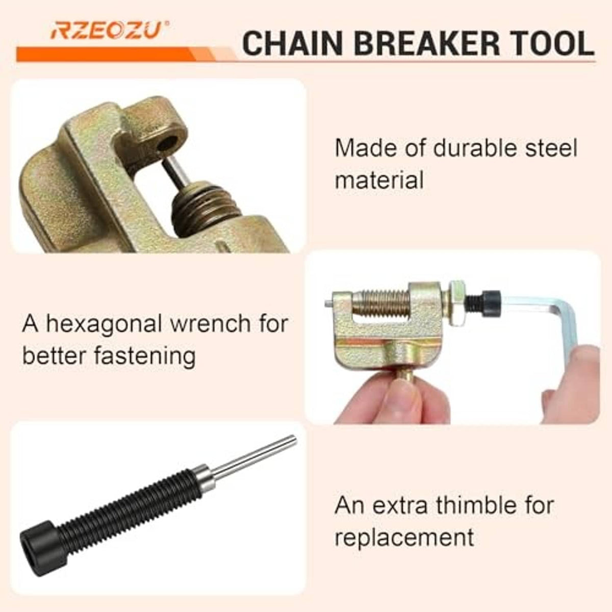 Motorcycle chain breaker tool set with durable steel body, extra thimble, and wrench