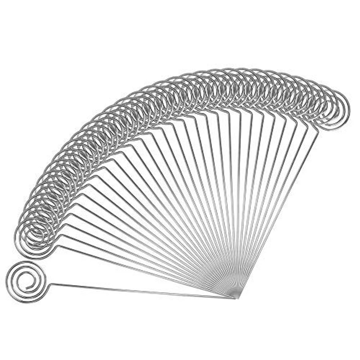 Silver ring-loop wire clip card holder with circular top, designed to stand