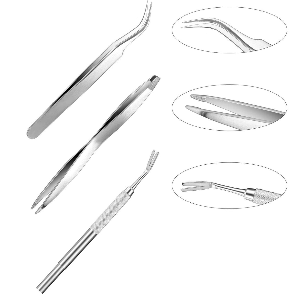 Tick removal tool kit: stainless steel picks, tweezers-style remover, and detail tool