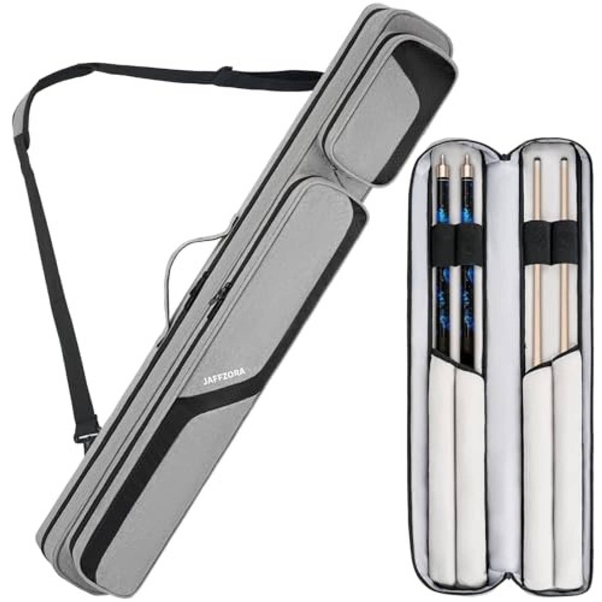 Grey pool cue case with black accents, side view with two cue tubes inside