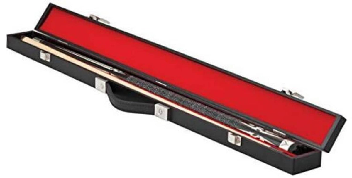 Black billiard cue hard case with red lining, holding a two-piece cue