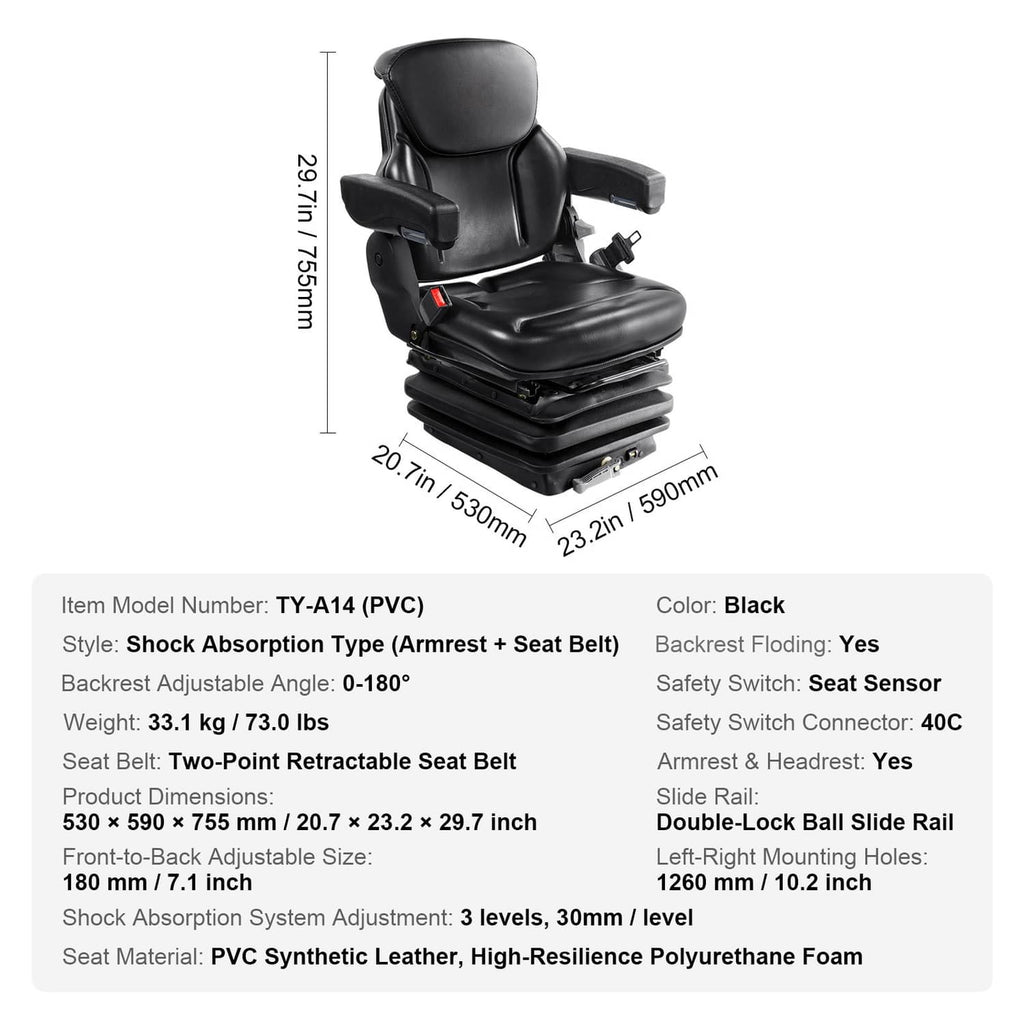Universal black adjustable forklift seat with padded backrest, armrests, and seat controls