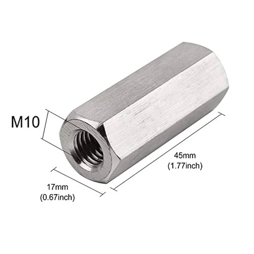 M10 hex coupling nut, 45mm length, 17mm hex width, threaded interior (silver)