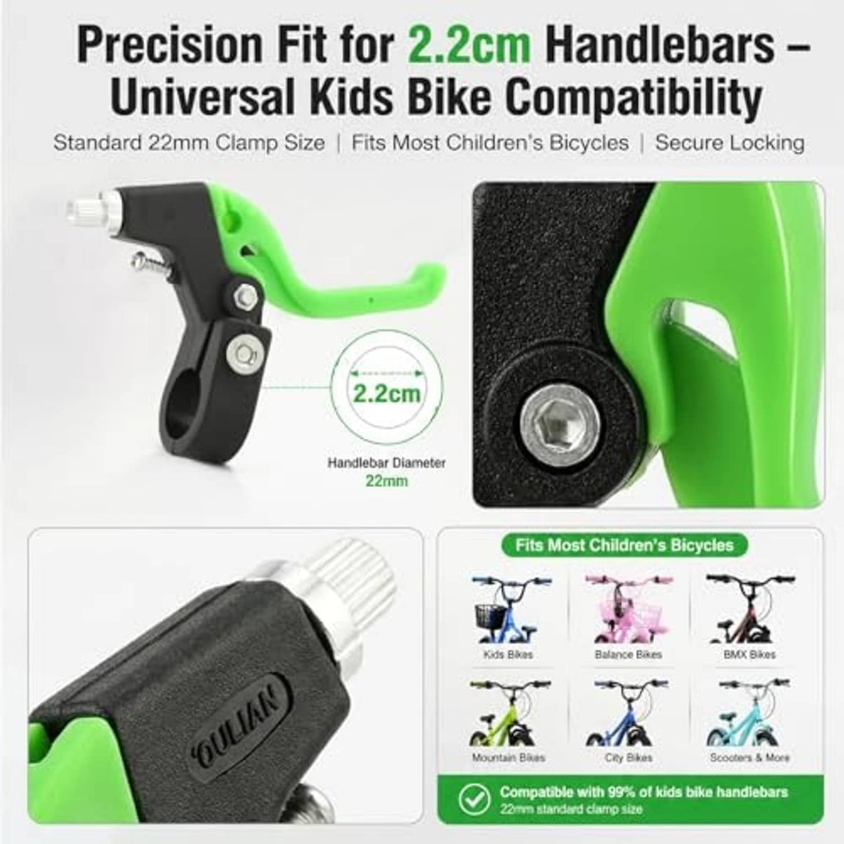 Universal kids brake lever, neon green handle with black body and silver hardware