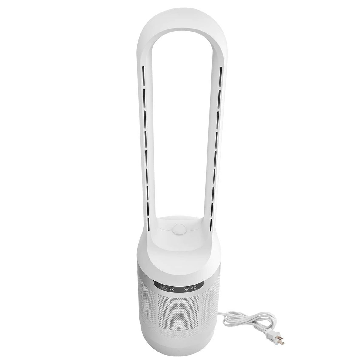 White bladeless tower fan with front LED control panel and slim air outlet grille