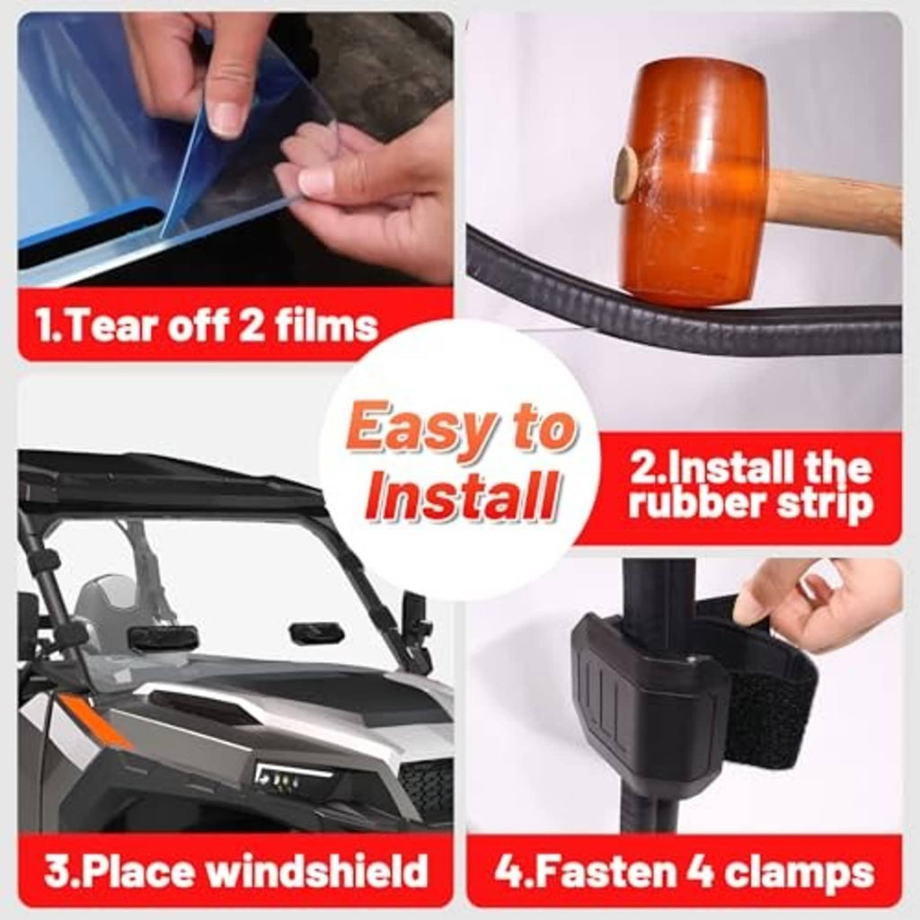 Windshield panel installation with rubber strip and four mounting clamps