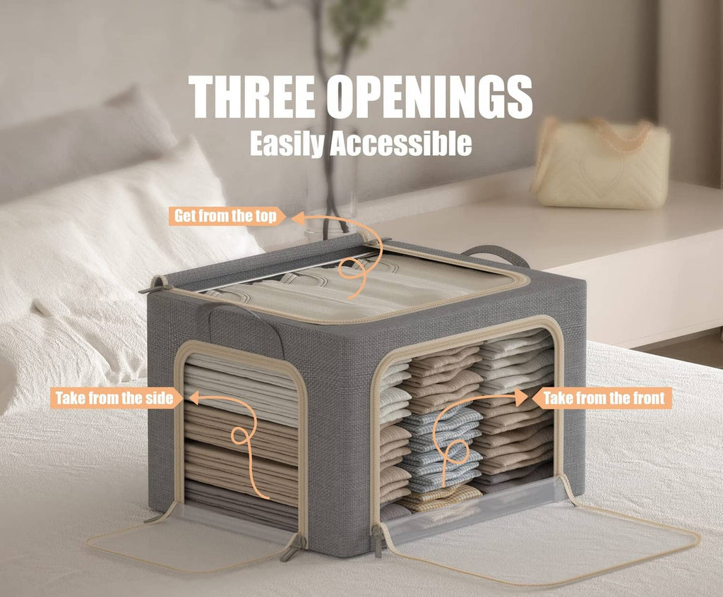 Gray foldable clothes storage bin with three openings and open front for access
