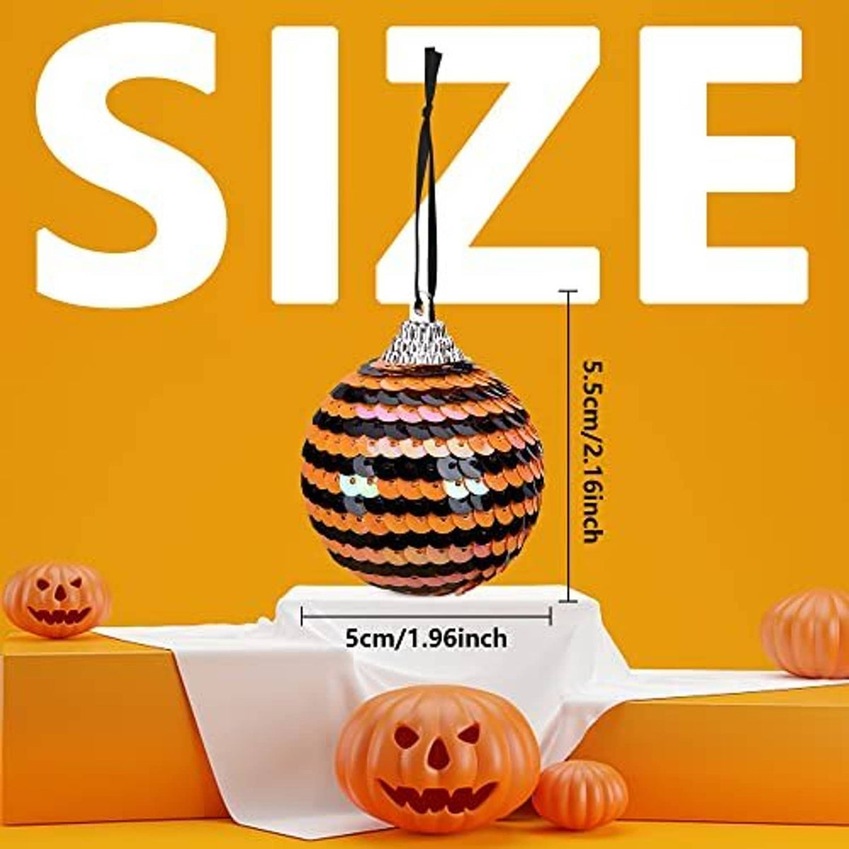 Orange and black striped sequin hanging ball ornament with silver loop cap, 1.96 in