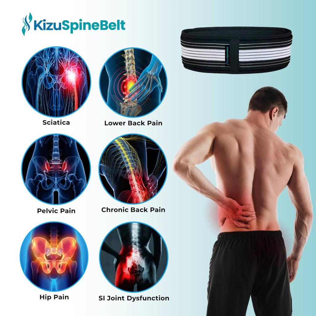 Black KizuSpineBelt with adjustable wrap band, shown on a torso silhouette