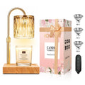 Gold candle warmer lamp with amber glass shade and wooden base