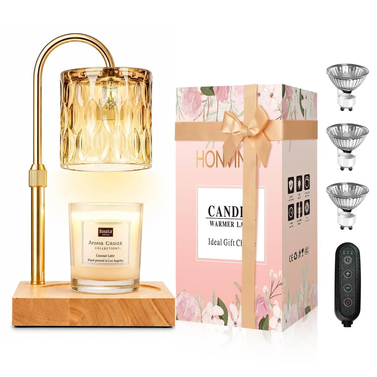 Gold candle warmer lamp with amber glass shade and wooden base