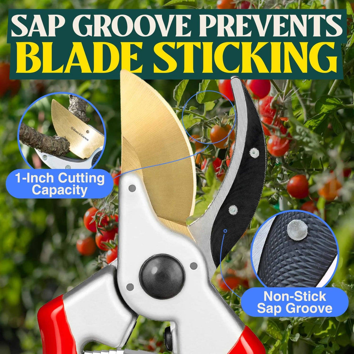 Hand pruner with gold blade, black sap groove area, and red handles