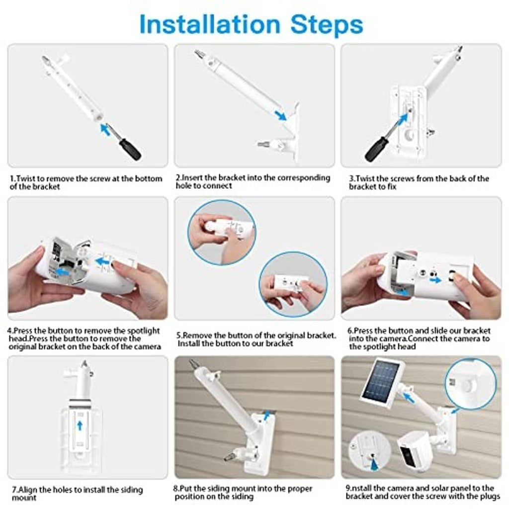 White solar spotlight camera installation hardware set: bracket and mounting screws