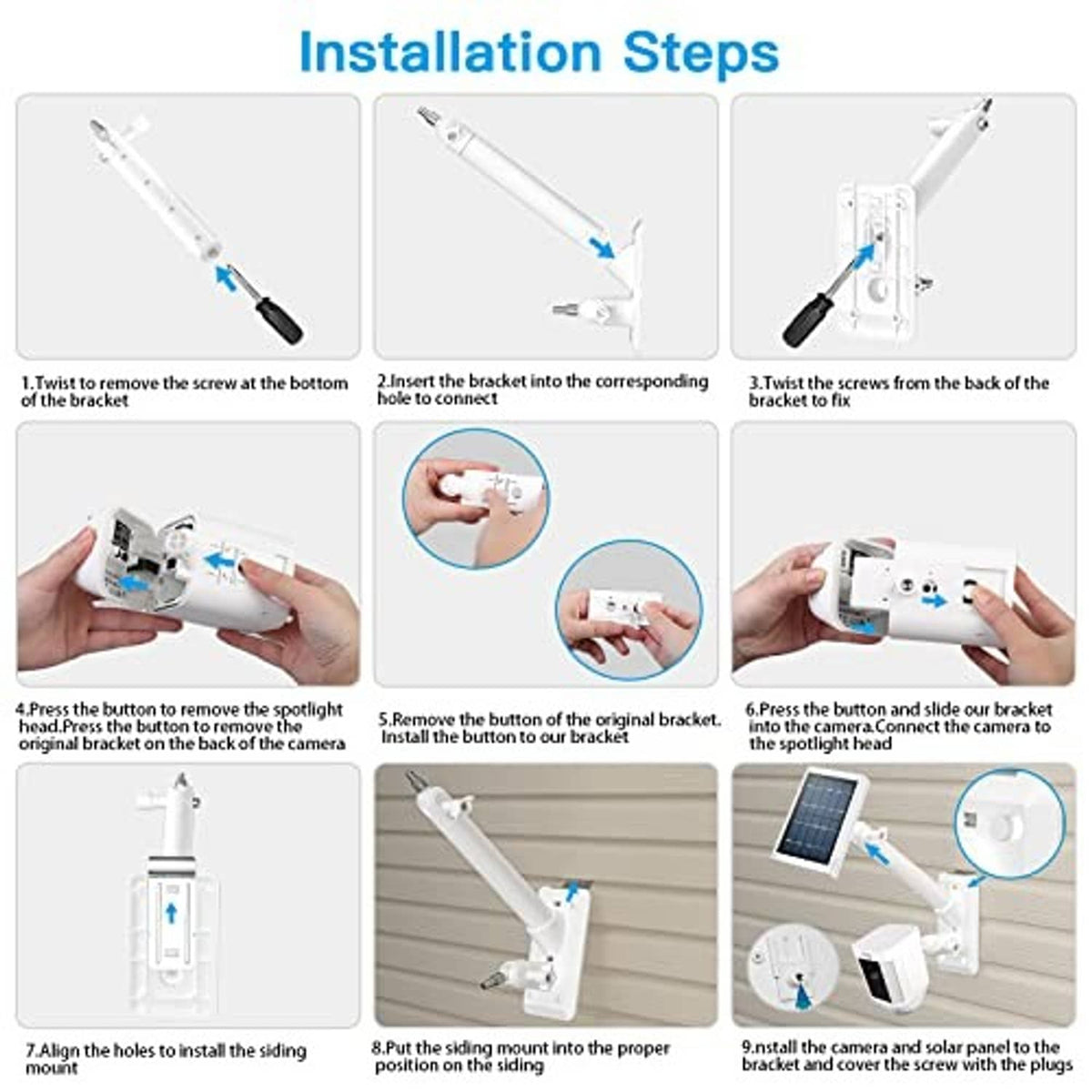 White solar spotlight camera installation hardware set: bracket and mounting screws