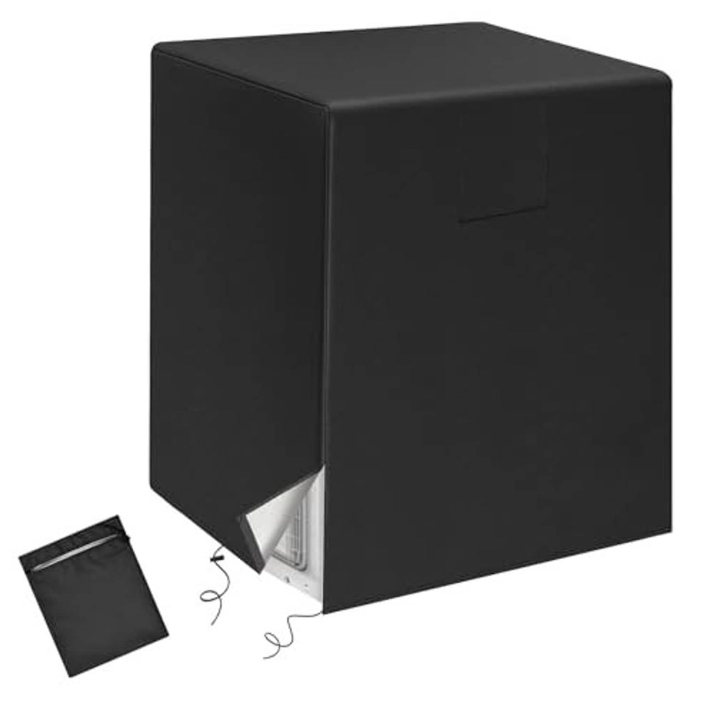 Black AC unit cover with drawstring pouch and fitted square shape