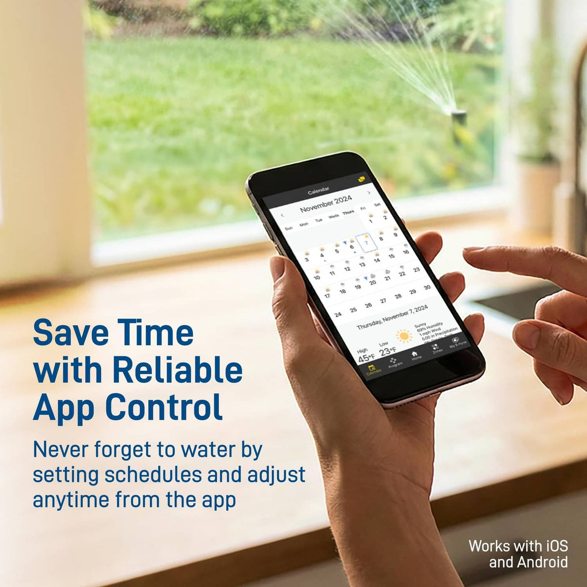 Smartphone app controlling a gray 4-port smart hose watering timer beside garden hoses