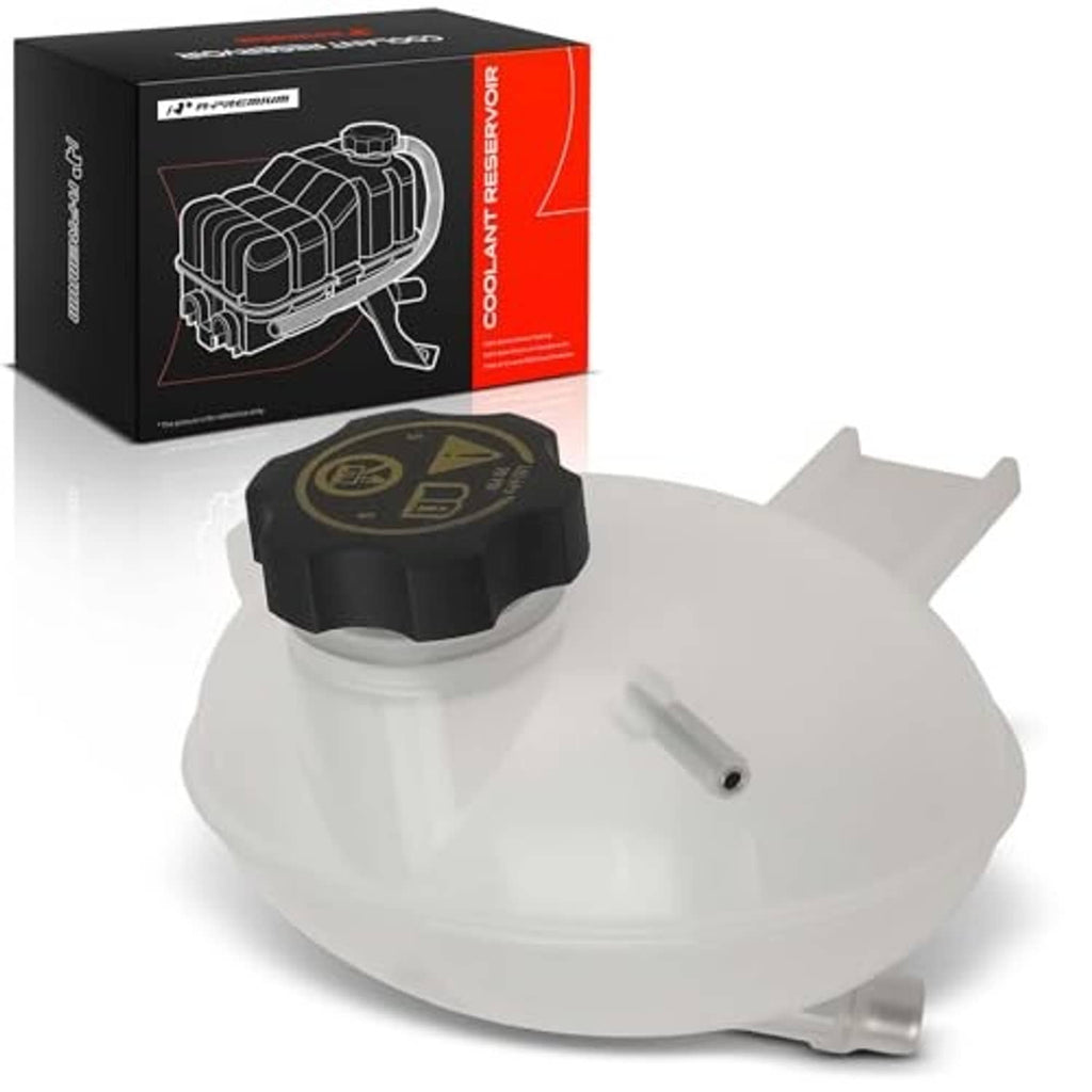 Engine coolant reservoir tank with black cap and side outlet, white plastic reservoir