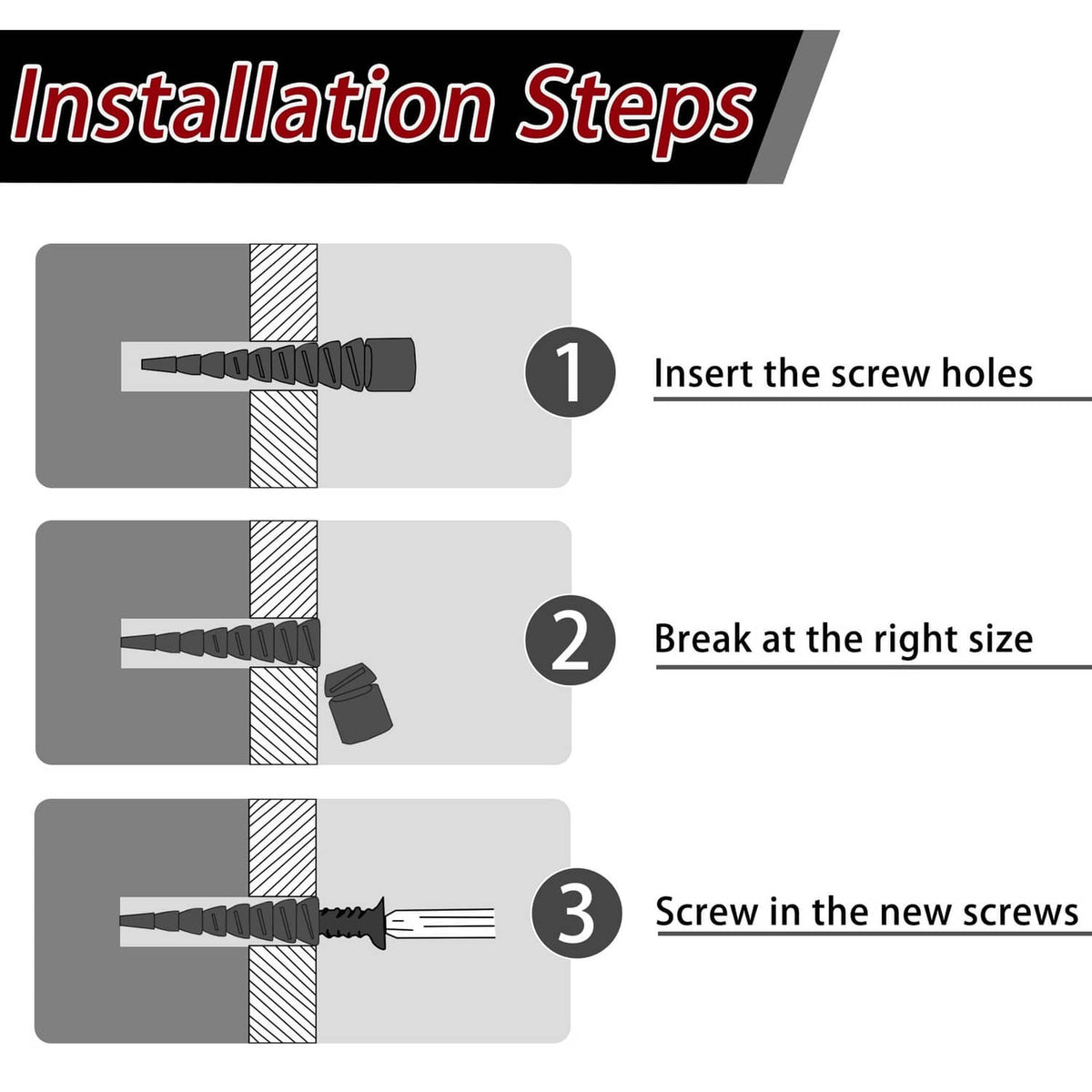 Black screw-in wood anchor repair pieces showing insertion and tightening steps