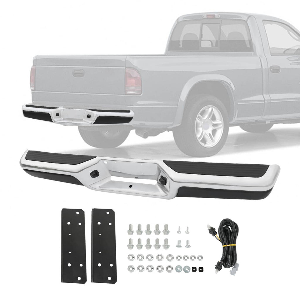 Rear step bumper assembly with chrome steel finish and black step pads, plus mounting hardware.