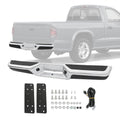 Rear step bumper assembly with chrome steel finish and black step pads, plus mounting hardware.