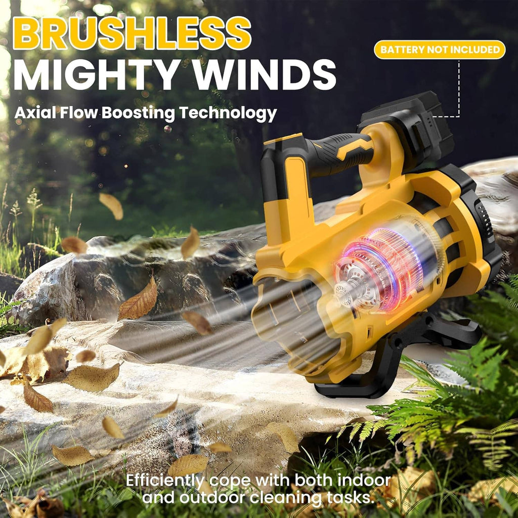 Cordless brushless leaf blower with yellow body and black tube, strong airflow stream