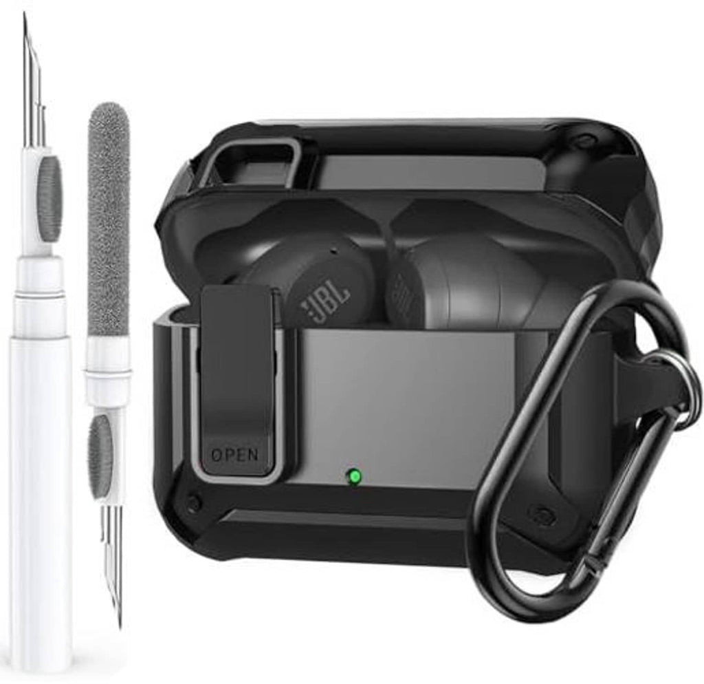 Black protective earbud case with open lock tab, carabiner ring, and cleaning tools