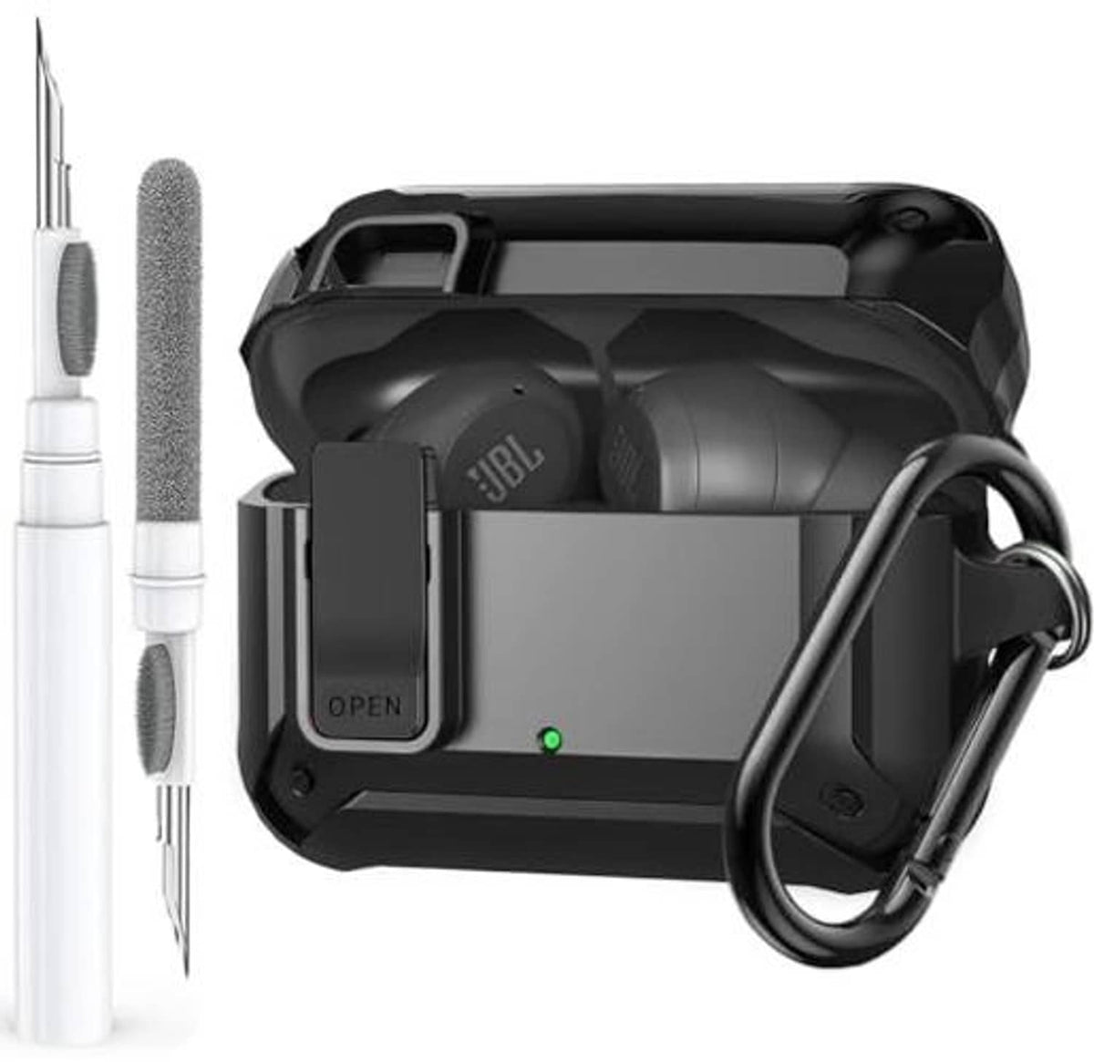 Black protective earbud case with open lock tab, carabiner ring, and cleaning tools