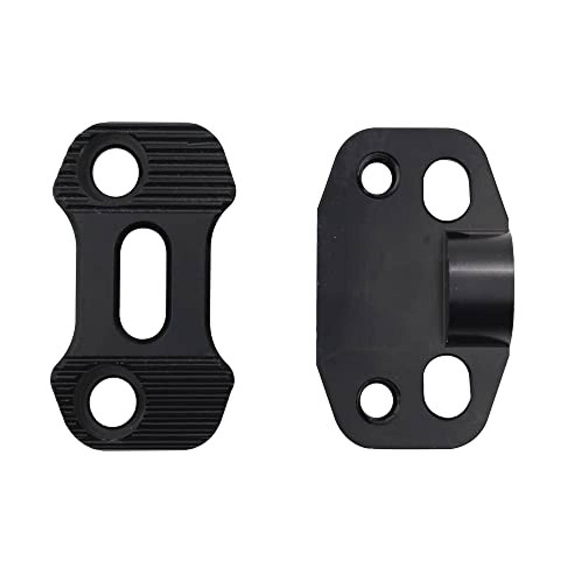 Pair of black adapter plates for handlebar clamp riser with mounting holes