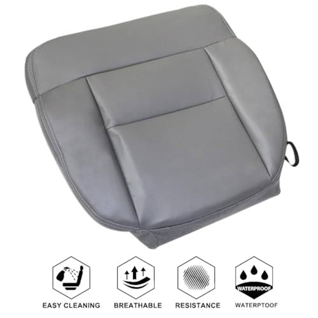 Gray seat cover angled view with stitched borders and side strap loop for attachment