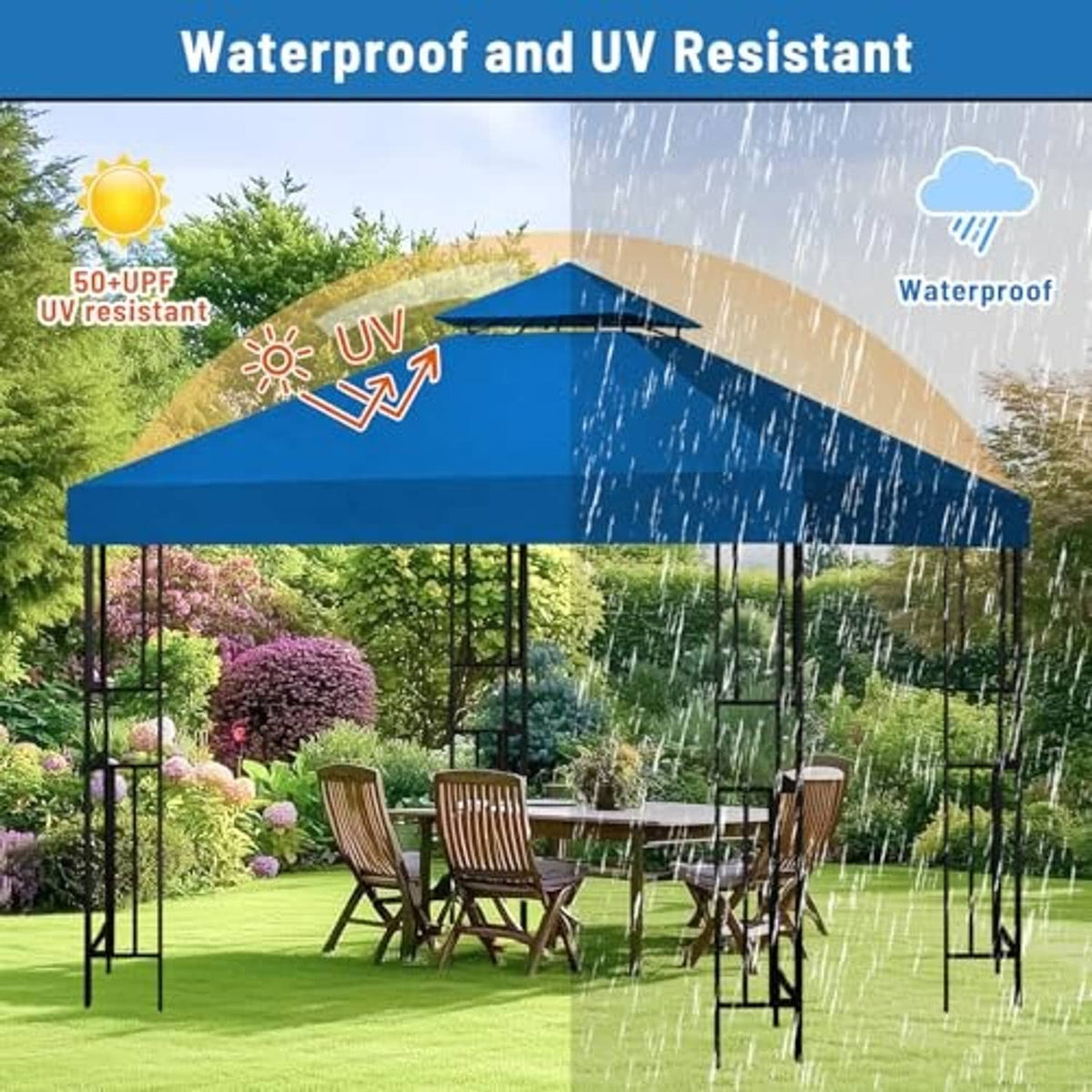 Blue canopy replacement top with water-splash droplets