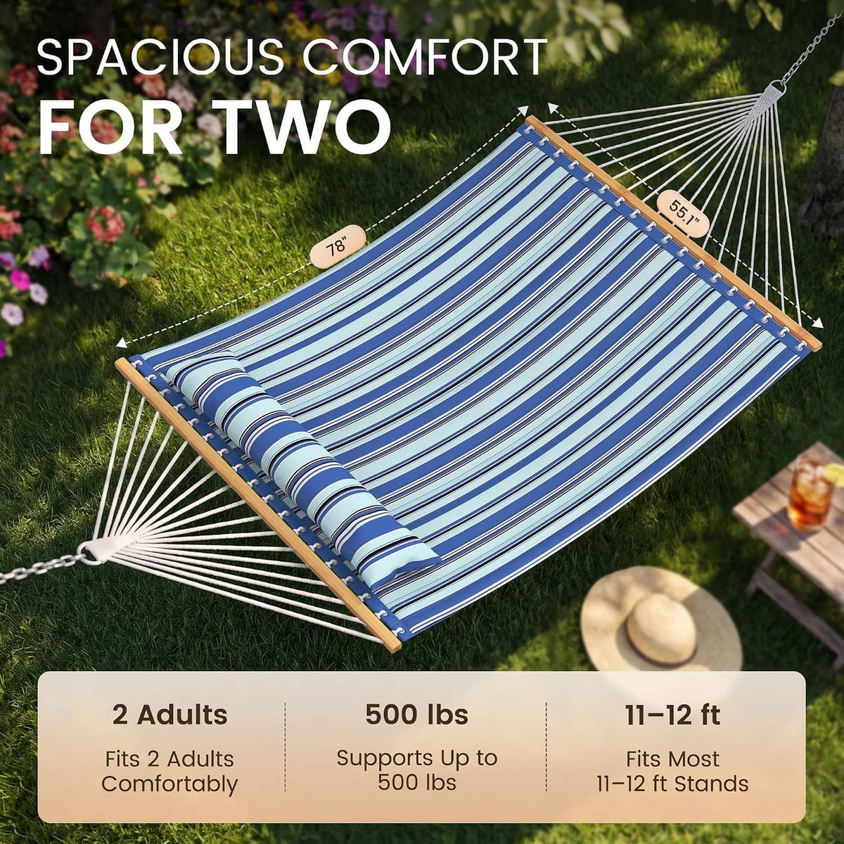 Blue and white striped double hammock with wooden spreader bar and hanging ropes for two people