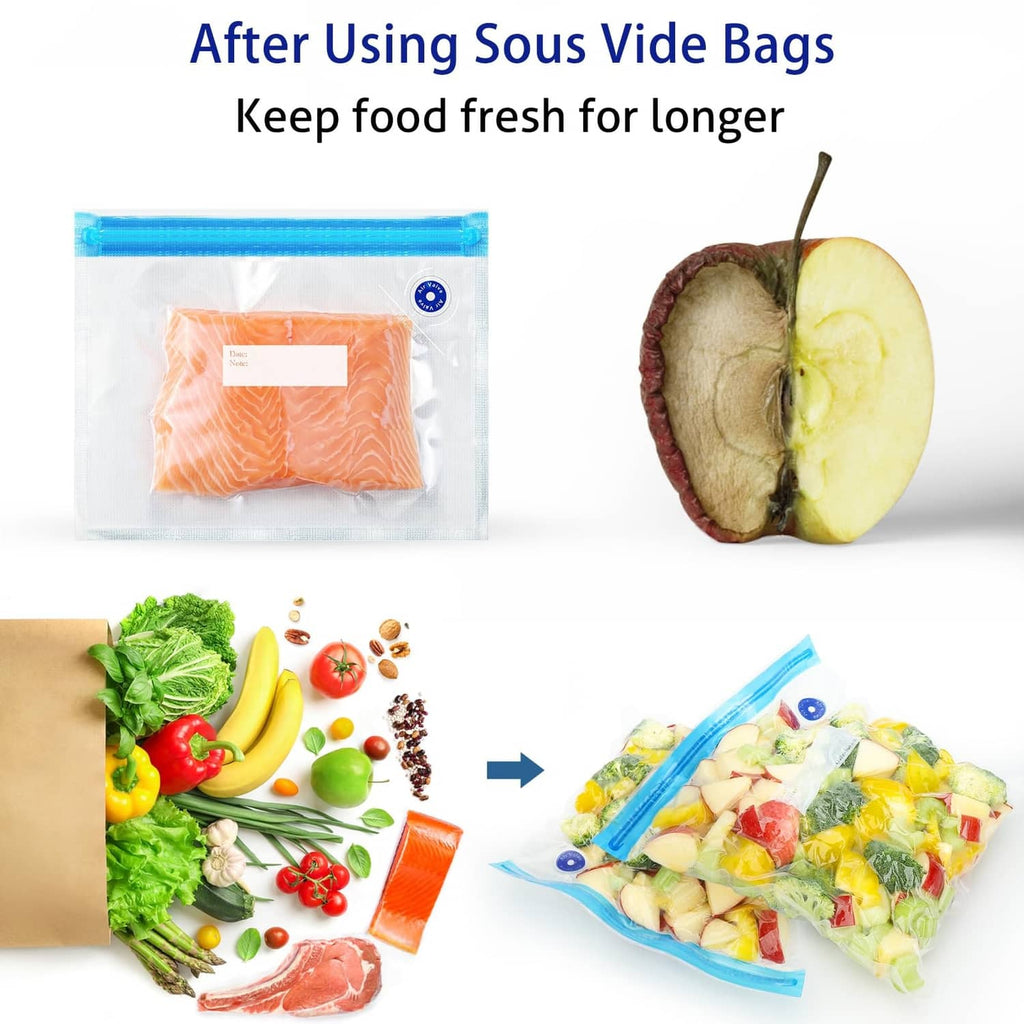 Vacuum sealer bag with blue zip and contents, plus fresh produce shown for storage