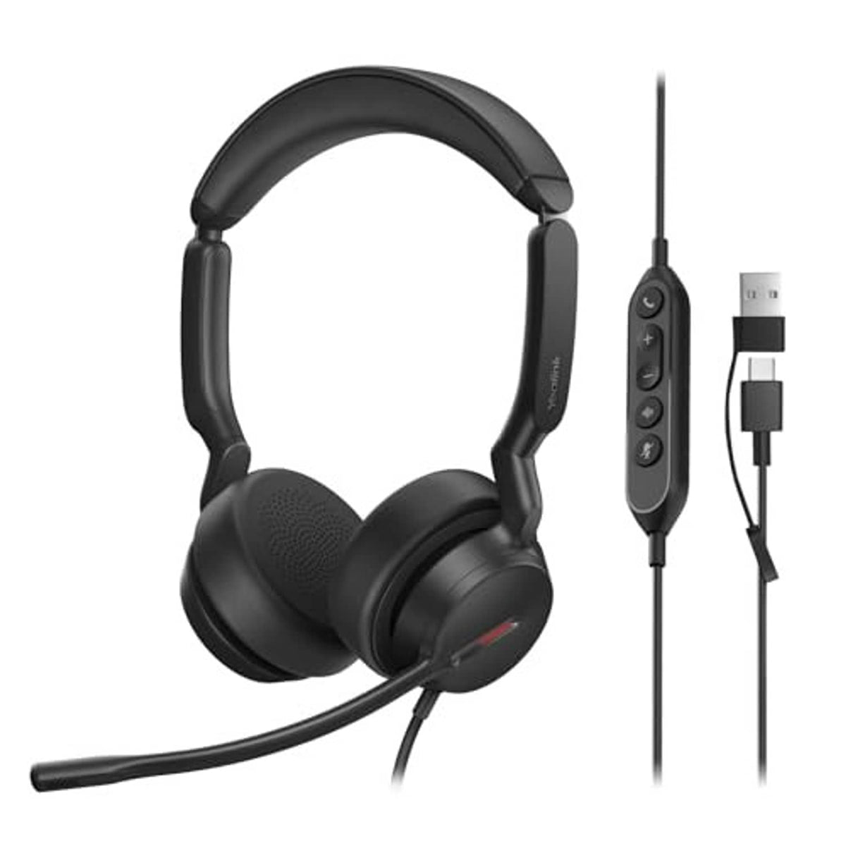 Black wired over-ear headset with boom mic and inline control with USB connector