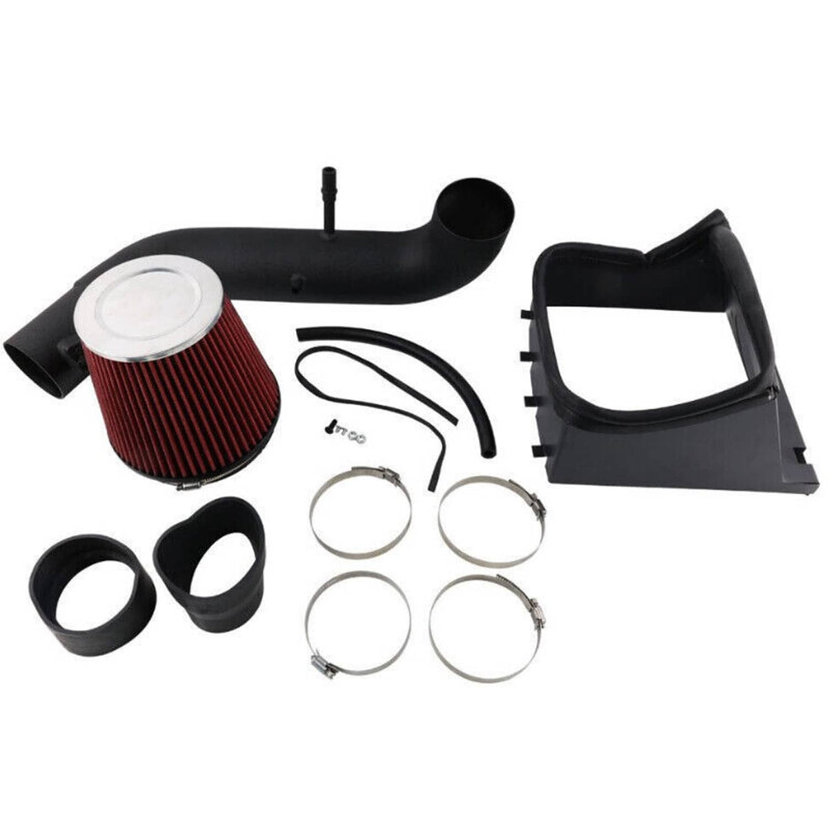 Cold air intake kit parts set: red cone filter, black tubing, brackets, and clamps