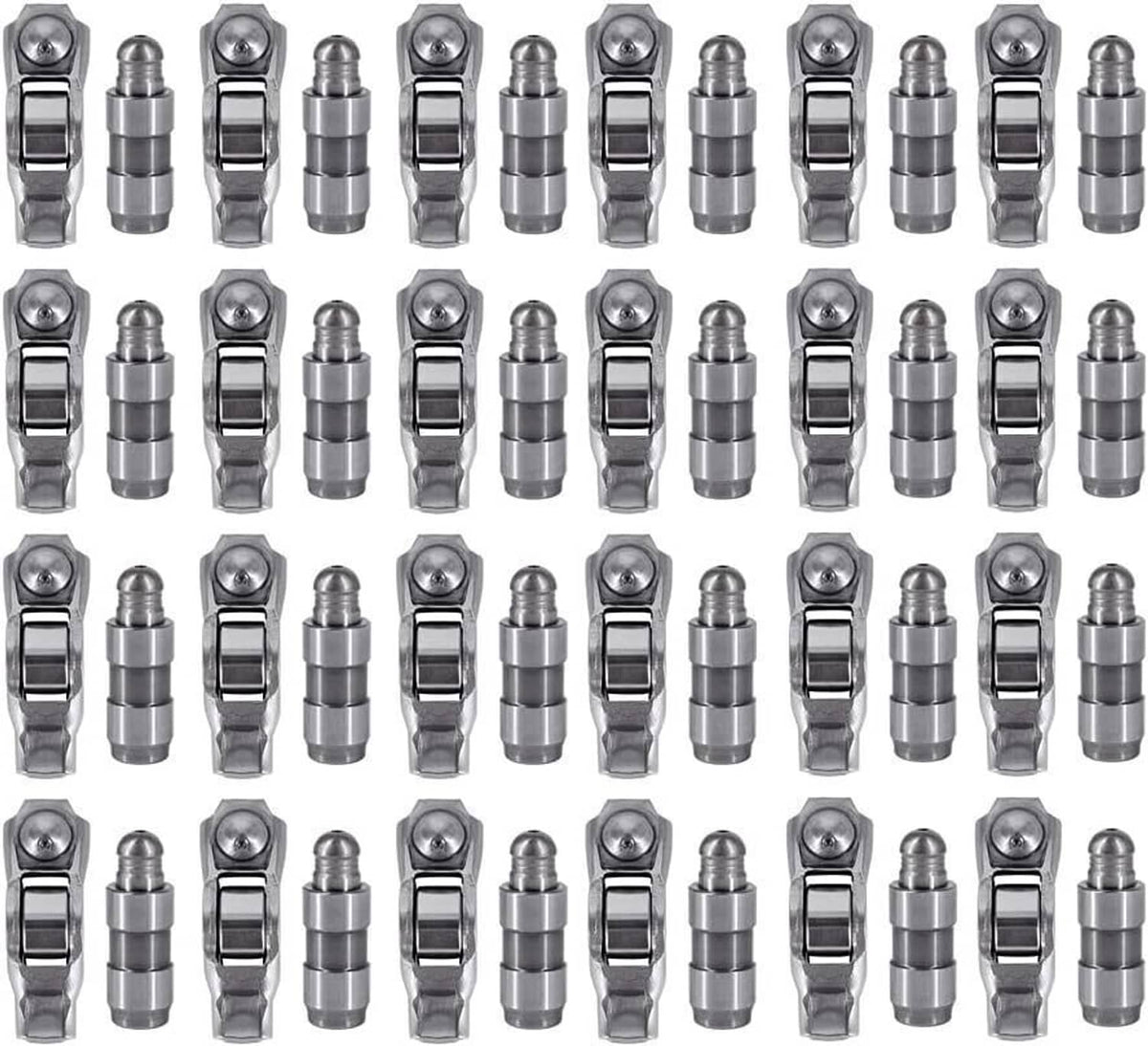 Rocker arm and valve lifter kit components, small chrome metal pieces arranged