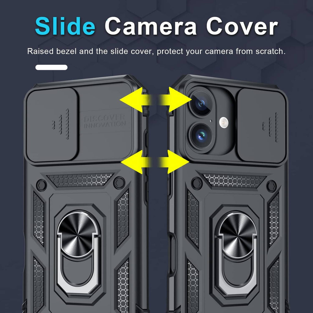 Black rugged phone case with sliding camera cover and raised bezel around lenses