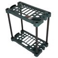 Dark green 2-tier tool organizer rack with circular holes and raised side trays
