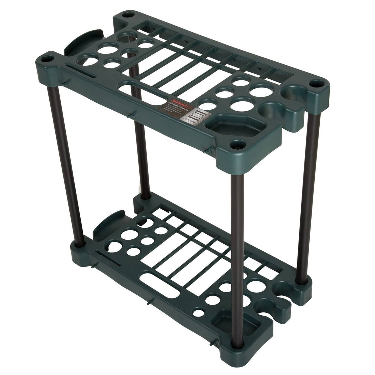 Dark green 2-tier tool organizer rack with circular holes and raised side trays