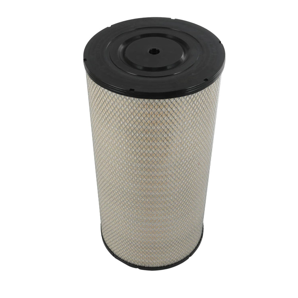 Cylindrical engine air filter standing view with pleated beige media and black rim