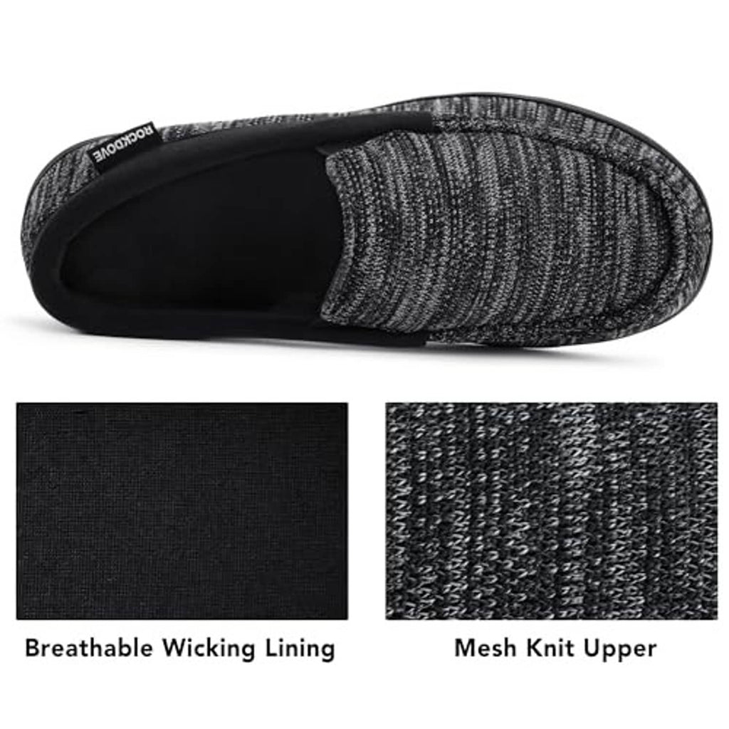 Charcoal-black tweed moc slipper with slip-on knit upper and cushioned interior