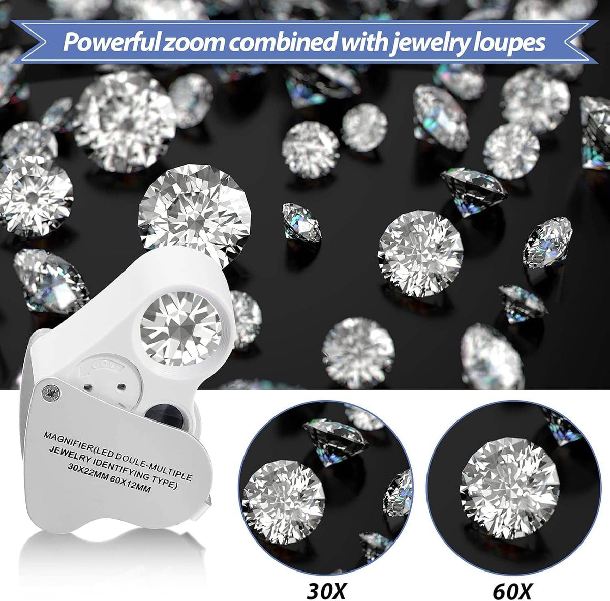 Illuminated jewelers loupe magnifier set, white body with silver accents, 30x–90x